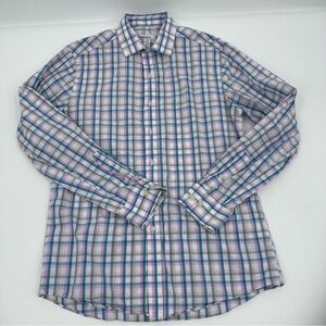 Bar III Shirt Men Medium Blue Pink Plaid Stretch Slim Long Sleeve Button Up